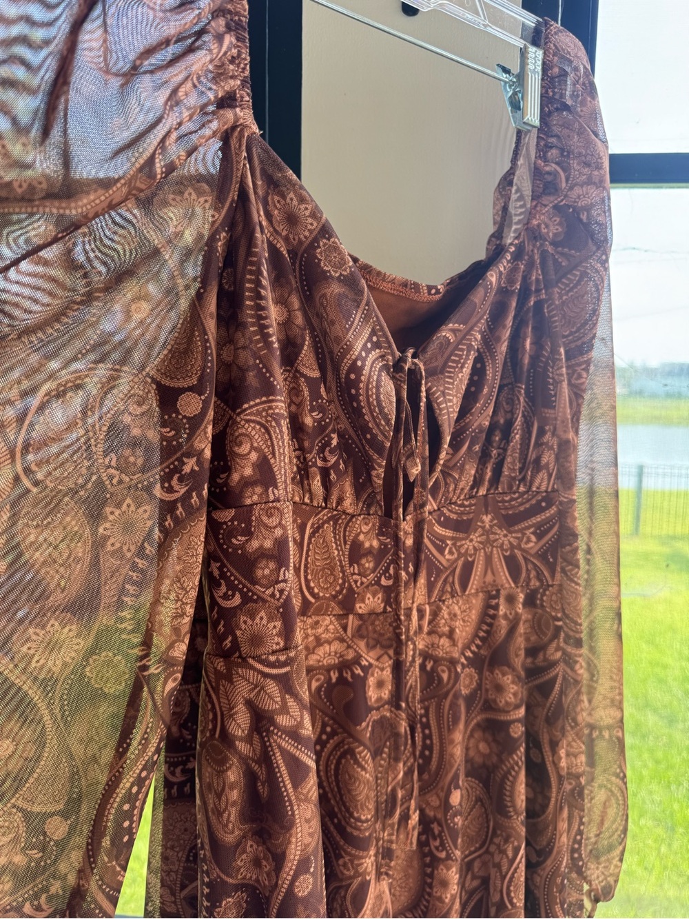 Brown Paisley Sheer Sleeve Dress